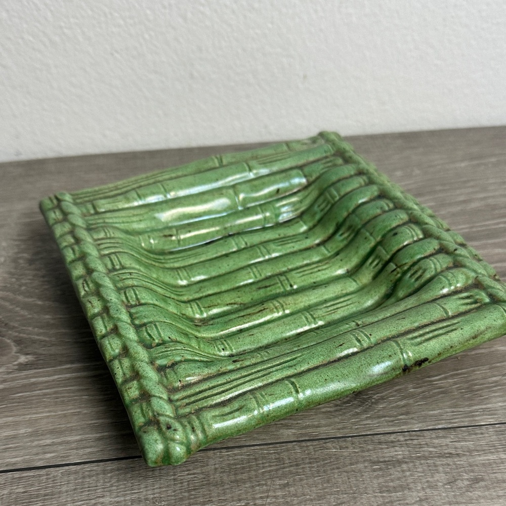 Vintage 1960s Green Bamboo Ceramic Square Catchall Dish Ashtray Trinket Dish